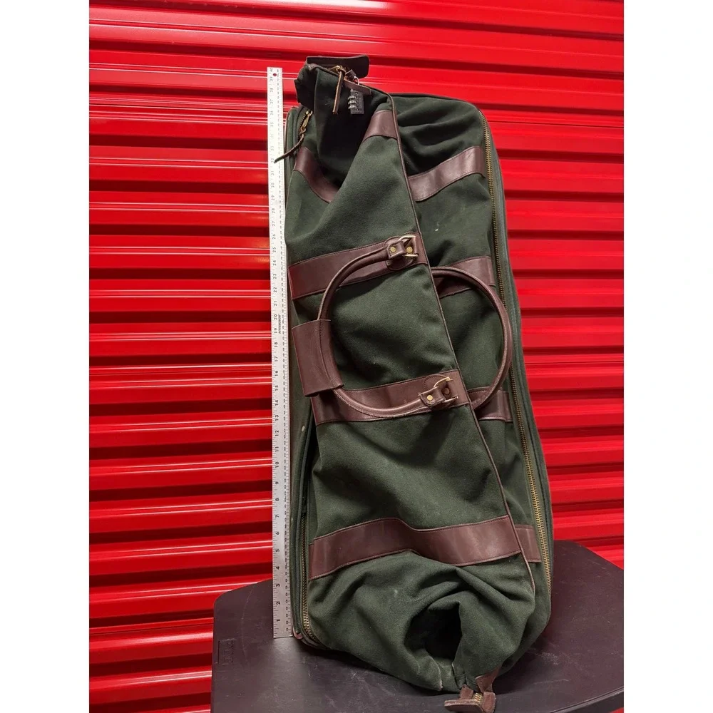 VTG Orvis Battenkill Rolling Duffel Bag Green Canvas Leather Trim Large Travel